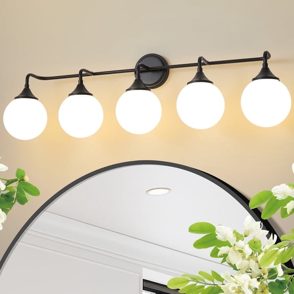 Deyidn 5-Light Black Modern Vanity Light, 39 Inch Dimmable Bathroom Light Fixture with Opal Glass Globes for Mirror