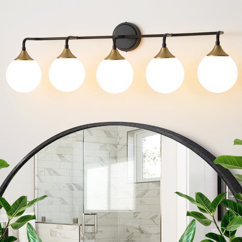 Deyidn 5-Light Black and Gold Modern Vanity Light, 39 Inch Dimmable Bathroom Light Fixture with Opal Glass Globes for Mirror