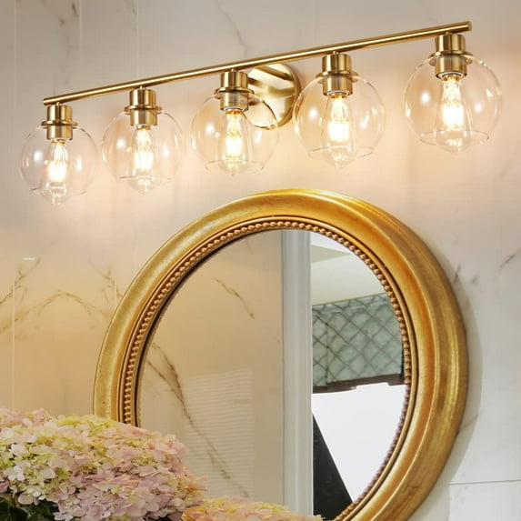 Deyidn 5 Light Gold Bathroom Vanity Light with White Globe Glass Shade Modern Bathroom Wall E26 Bulb