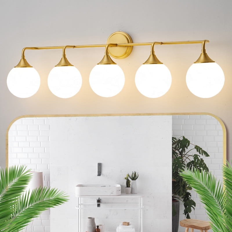 Deyidn 5-Light Gold Modern Vanity Light, 39 Inch Dimmable Bathroom Light Fixture with Opal Glass Globes for Mirror