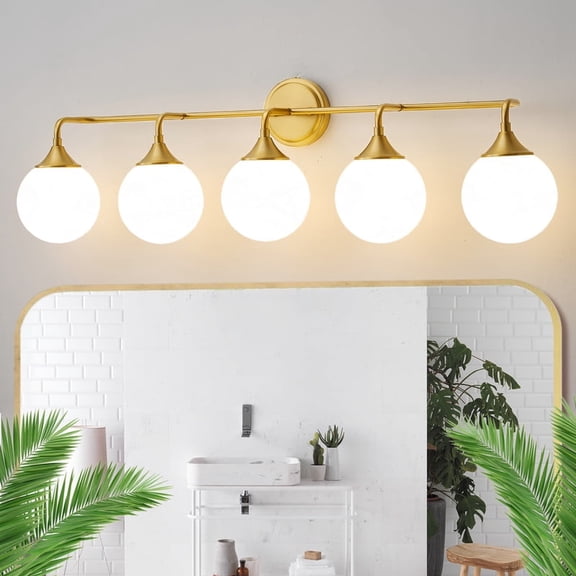 Deyidn 5-Light Gold Modern Vanity Light, 39 Inch Dimmable Bathroom Light Fixture with Opal Glass Globes for Mirror