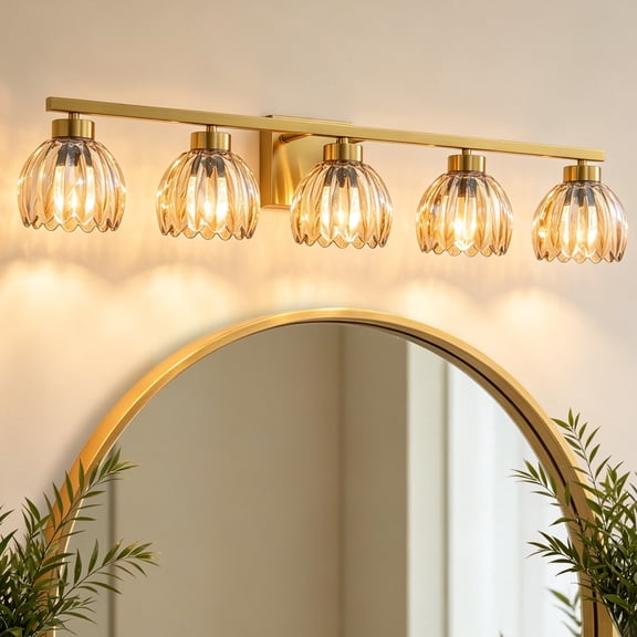 Deyidn 5-Light Modern Gold Vanity Light with Amber Glass Shades, 33.3 Inch Wall Sconce