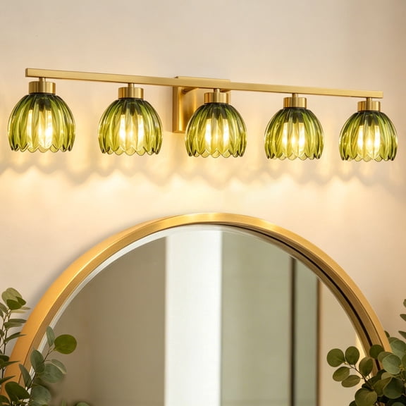 Deyidn 5-Light Modern Gold Vanity Light with Green Glass Shades, 33.3 Inch Wall Sconce
