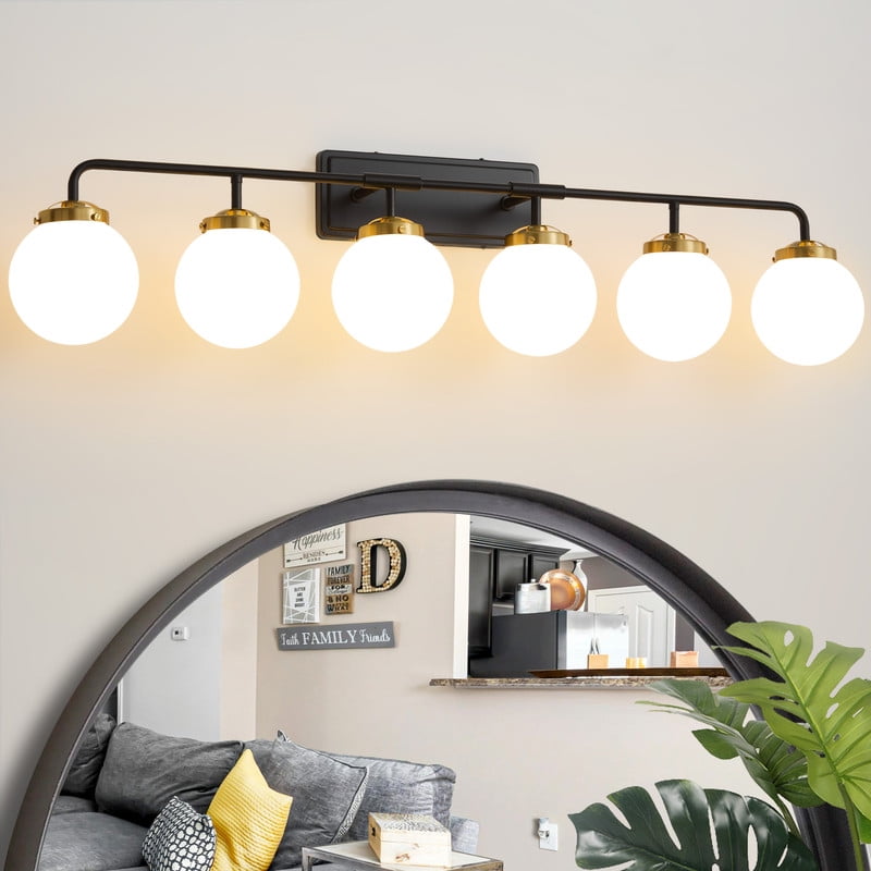 Deyidn 6-Light Modern Vanity Light, Black and Gold Bathroom Light Fixture with Milk White Glass Globes, 45 Inch Bathroom Wall Sconce for Mirror