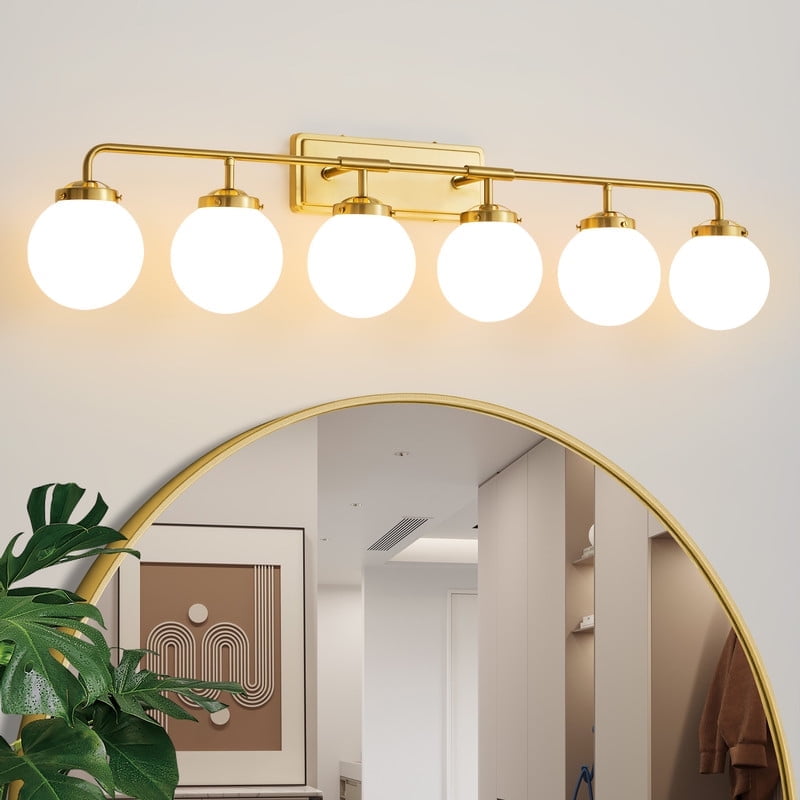 Deyidn 6-Light Modern Vanity Light, Gold Bathroom Light Fixture with Milk White Glass Globes, 45 Inch Bathroom Wall Sconce for Mirror
