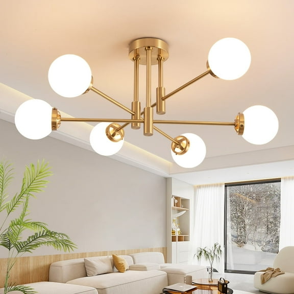 Deyidn Modern 6-Light Sputnik Chandelier with Milky White Glass Shades, 31 Inch Gold Pendant Lighting for Dining Room