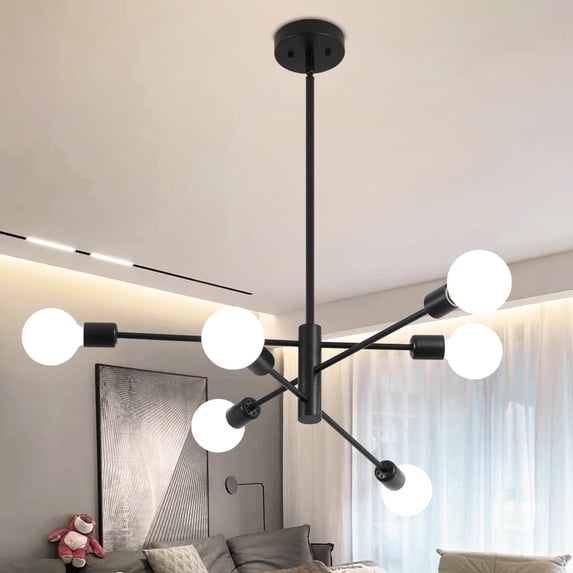 Deyidn 6-Light Sputnik Chandelier with Adjustable Height, Modern Black Ceiling Light Fixture for Dining Room Kitchen Island