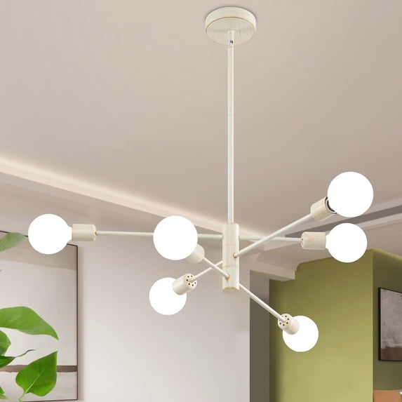 Deyidn 6-Light Sputnik Chandelier with Adjustable Height, Vintage White Rubbed Gold Ceiling Light Fixture for Dining Room Kitchen Island