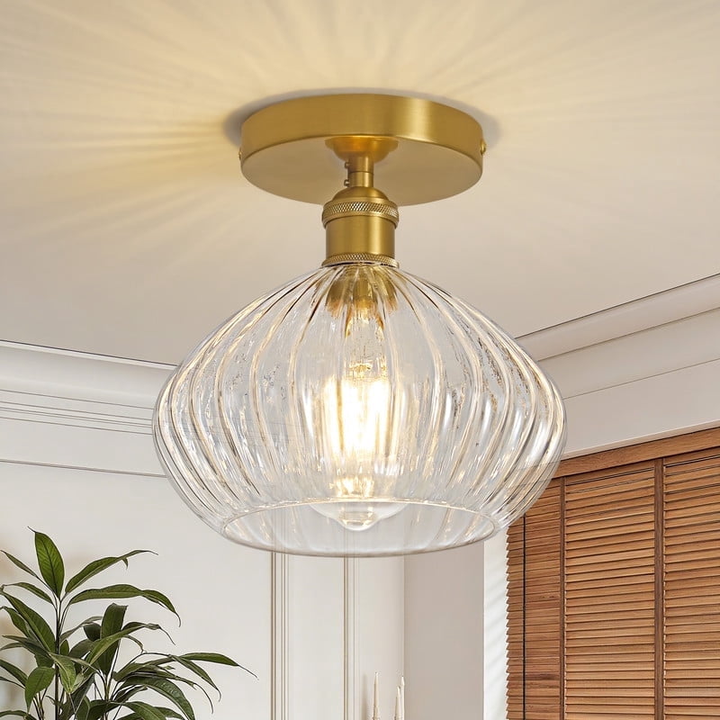Deyidn 7.99-inch Gold Modern Semi-Flush Ceiling Light with Clear Glass Shade for Living Room - Creates a Warm Glow and Elevates Your Decor