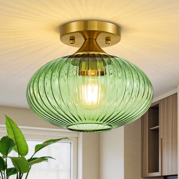 Deyidn 9.45 Inch Modern Ceiling Light with Green Striped Glass Shade - Gold Finish Semi-Flush Mount for Kitchen, Hallway, Bedroom Lighting