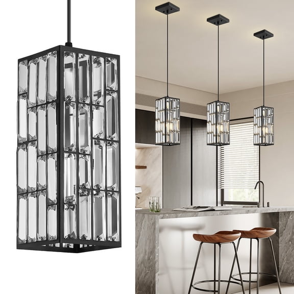 Deyidn Adjustable Crystal Pendant Light, 5.3 Inch Modern Chandelier with Black Finish for Dining Room, Entryway, Kitchen Island