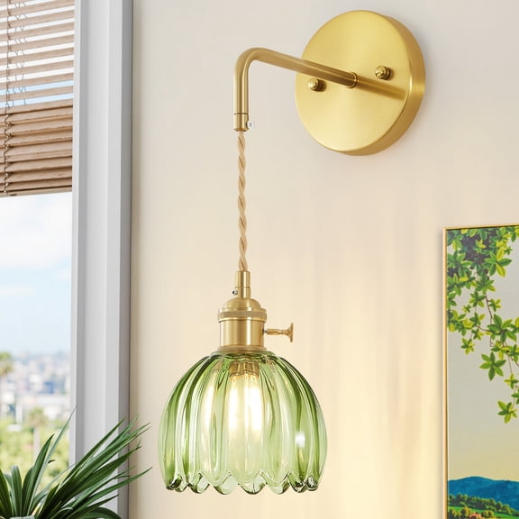 Deyidn Adjustable Swing Arm Wall Sconce, 25" Vintage 1-Light with Green Tulip Glass Shade for Bedroom, Living Room, Hallway