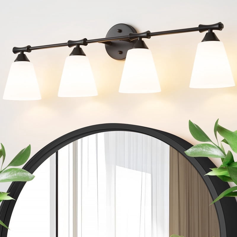 Deyidn Black 4-Light Modern Bathroom Vanity Light - 33.86-Inch Dimmable Bathroom Light Fixture with Milky White Glass Shades for Mirror Lighting