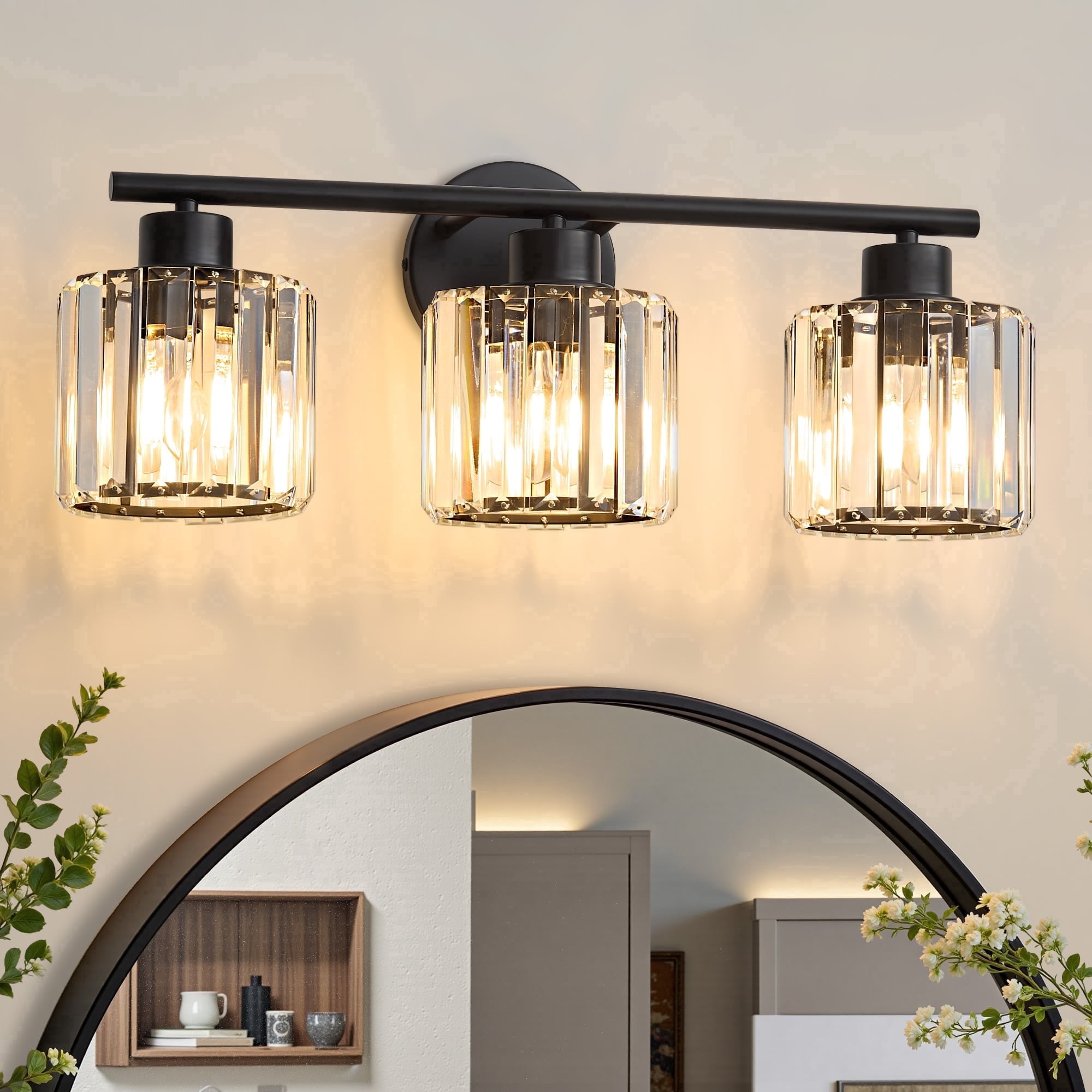 Deyidn Black Vanity Light, 3-Light Modern Bathroom Fixture with K9 Crystal Shades, 22 Inches, Dimmable