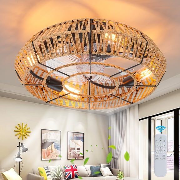 Deyidn Ceiling Fans with Lights and Remote, 7 Blades 19.7 Inch Farmhouse Flush Mount Ceiling Fan, Boho Low Profile Ceiling Fan 6 Speed Reversible for Bedroom, Dining Room, Kitchen