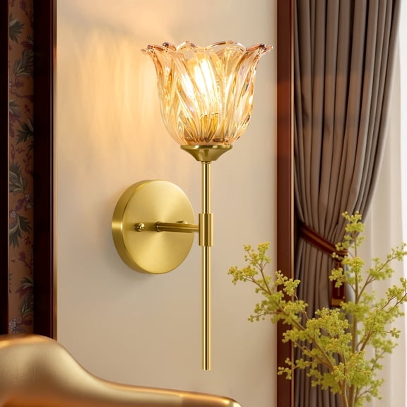 Deyidn Floral Glass Wall Sconce, Amber Shade & Antique Gold Finish, 6.5" Modern Wall Light