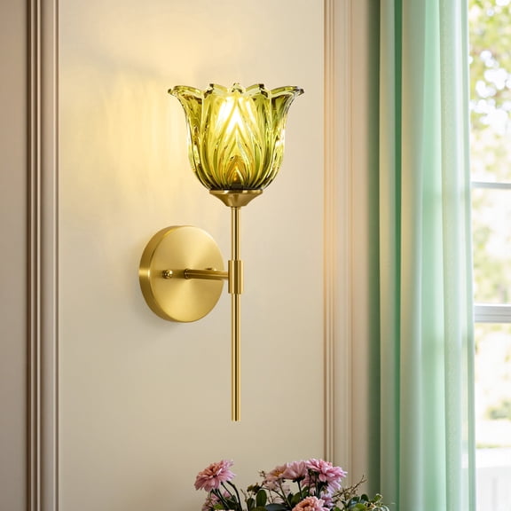 Deyidn Floral Glass Wall Sconce, Green Shade & Antique Gold Finish, 6.5" Modern Wall Light