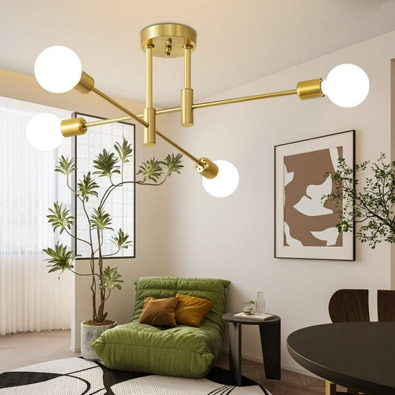 Deyidn Gold 4-Light Sputnik Chandelier - 25 Inch Mid Century Modern Flush Mount Ceiling Light Fixture for Dining Room Kitchen Bedroom
