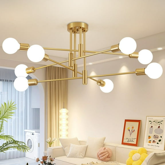 Deyidn Gold 8-Light Sputnik Chandelier - 29 Inch Mid Century Modern Flush Mount Ceiling Light Fixture for Dining Room Kitchen Bedroom