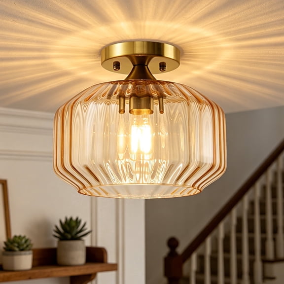 Deyidn Gold Semi-Flush Mount Ceiling Light - Modern Amber Glass Shade 9.84 Inch, Fixture for Kitchen Hallway Bedroom