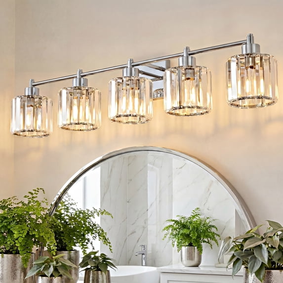 Deyidn Modern 5-Light Bathroom Vanity Light with Crystal Shades, 39 Inch Chrome Dimmable Light Fixture for Mirror