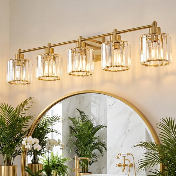 Deyidn Modern 5-Light Bathroom Vanity Light with Crystal Shades, 39 Inch Gold Dimmable Light Fixture for Mirror