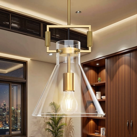 Deyidn Modern 9.84" Gold Island Pendant Light with Funnel-shaped Glass Shade - Single-Light Ceiling Fixture for Kitchen, Dining Room