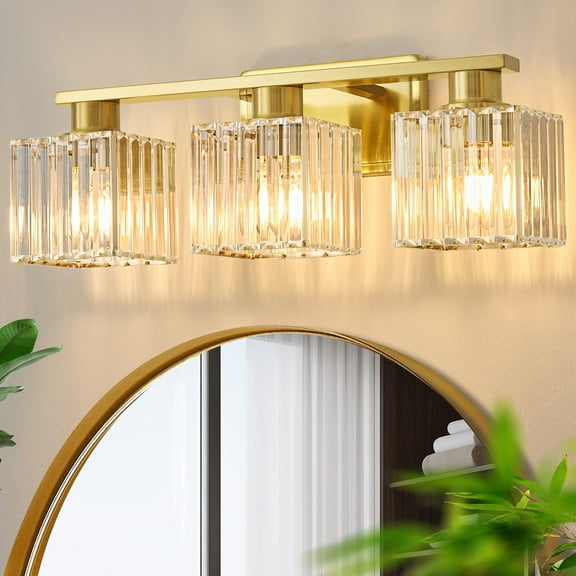 Deyidn Modern Bathroom Vanity Light 3-Lights Modern Gold Brushed Brass Finish Crystal Bathroom Wall Light Bathroom Vanity Light Fixtures