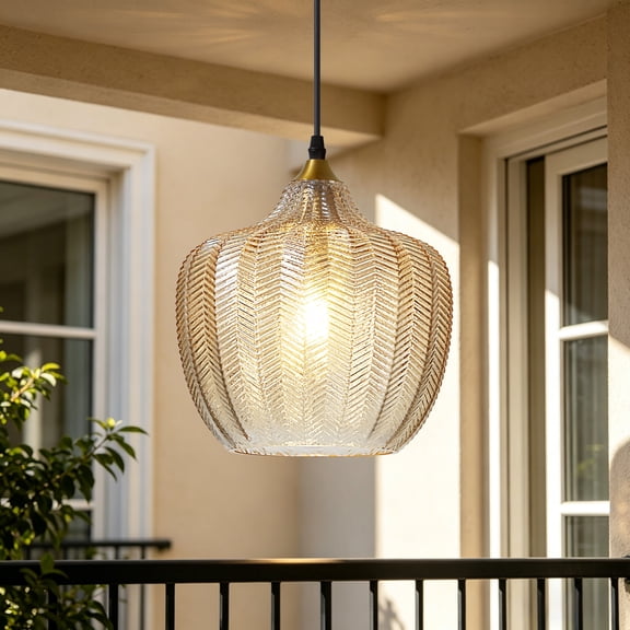 Deyidn Modern Black Gold Pendant Light, 9.44 Inch Amber Herringbone Glass Shade Adjustable Hanging Wire Ceiling Light for Kitchen Island Dining Room Bedroom