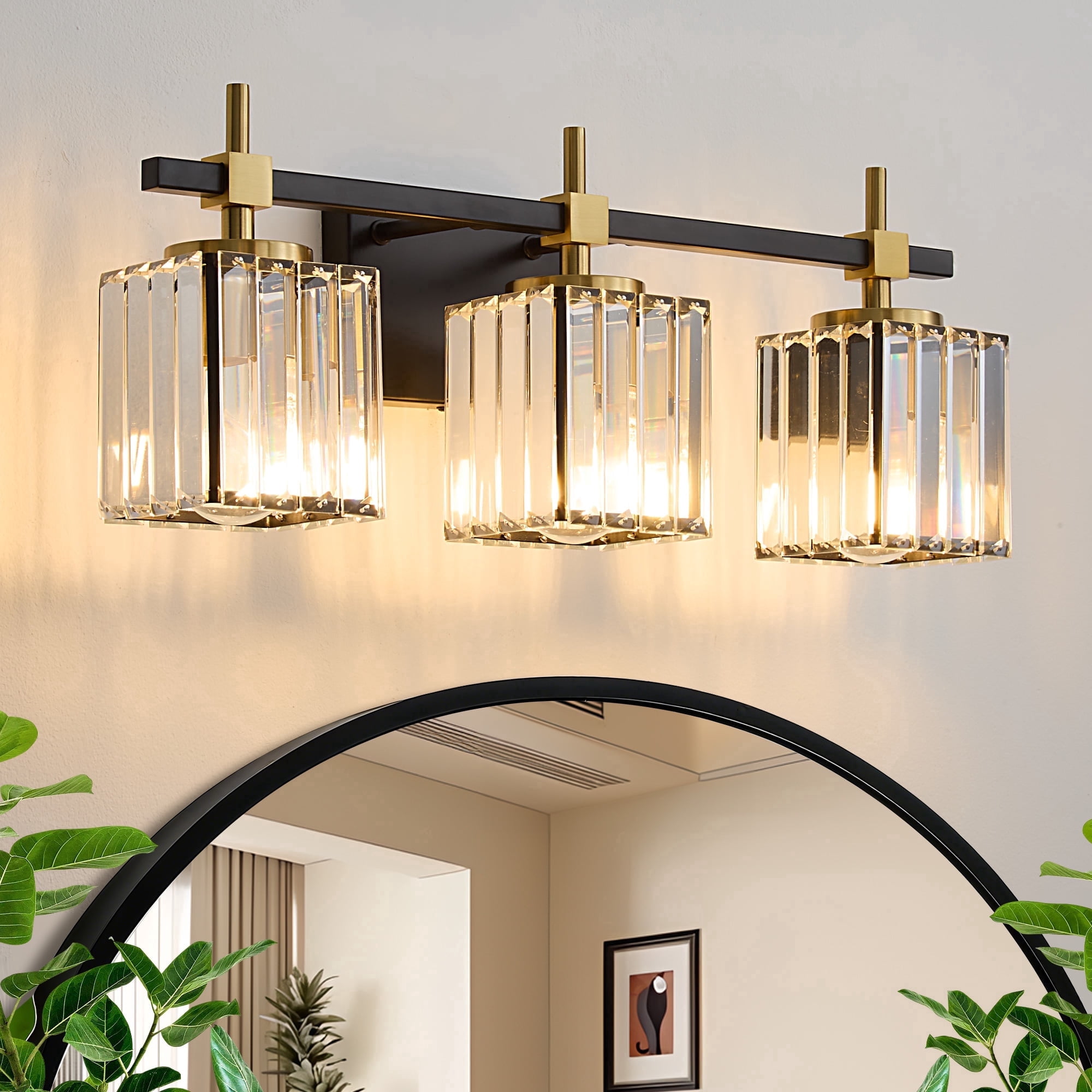 Deyidn Modern Black Gold Vanity Light, 3-Light Bathroom Fixture, 20.55 Inch with Crystal Shades for Elegant Bathroom Lighting