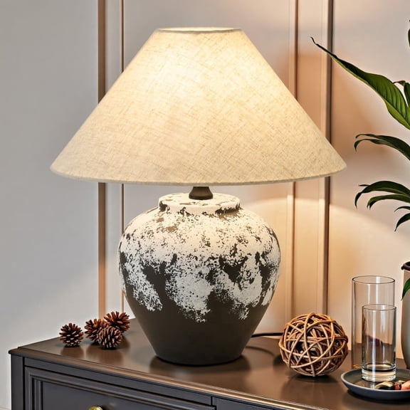 Deyidn Modern Black White Ceramic Table Lamp with Textured Base and Linen Shade, 15.75 Inch Height for Bedroom, Living Room or Office