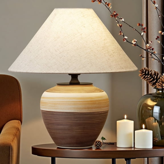 Deyidn Modern Ceramic Table Lamp with Linen Shade - 13.78 Inch, Brown, Contemporary Farmhouse Decor Lighting