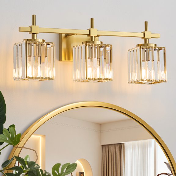 Deyidn Modern Gold Vanity Light, 3-Light Bathroom Fixture, 20.55 Inch with Crystal Shades for Elegant Bathroom Lighting