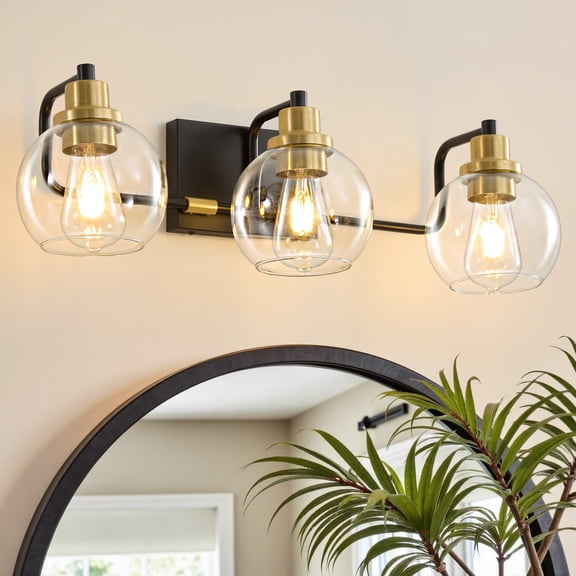 Deyidn Modern Industrial Vanity Light, 25 Inch Black Gold Bathroom Wall Sconce with Clear Glass Shade for Living Room Bedroom
