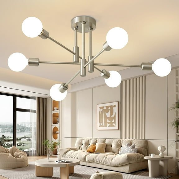 Deyidn Nickel 6-Light Sputnik Chandelier - 25 Inch Mid Century Modern Flush Mount Ceiling Light Fixture for Dining Room Kitchen Bedroom
