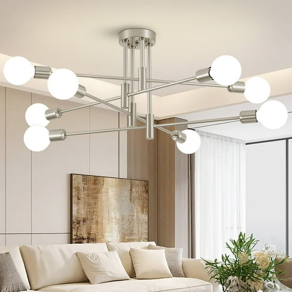 Deyidn Nickel 8-Light Sputnik Chandelier - 29 Inch Mid Century Modern Flush Mount Ceiling Light Fixture for Dining Room Kitchen Bedroom