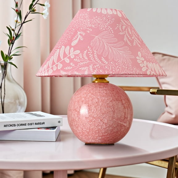 Deyidn Pink Crackle Glaze Ceramic Table Lamp with Linen Shade, 11.81", Farmhouse Style Decorative Lighting