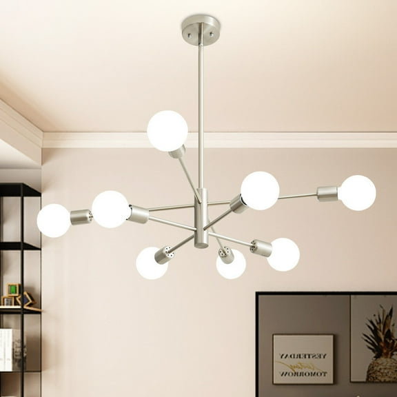Deyidn White Gold 8 Lights Sputnik Chandelier Modern E26 Pendant Lighting Chandeliers Ceiling Light Fixture for Living Room, Bedroom, Dining Room