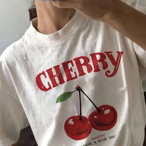 Deyin Fruit&Amp;C1herry Graphic Print T-S1Hirt. S1Hort eeve Crew Neck C1Asual Top For Summer &Amp; Spring