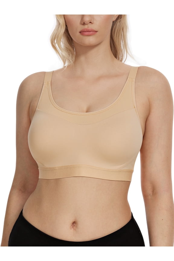 High Support Sport Bras for Women Full Coverage Wireless Workout Bras Scoop Neck Non Padded Comfort Dark Beige Exercise Bra Clothes Size 40D