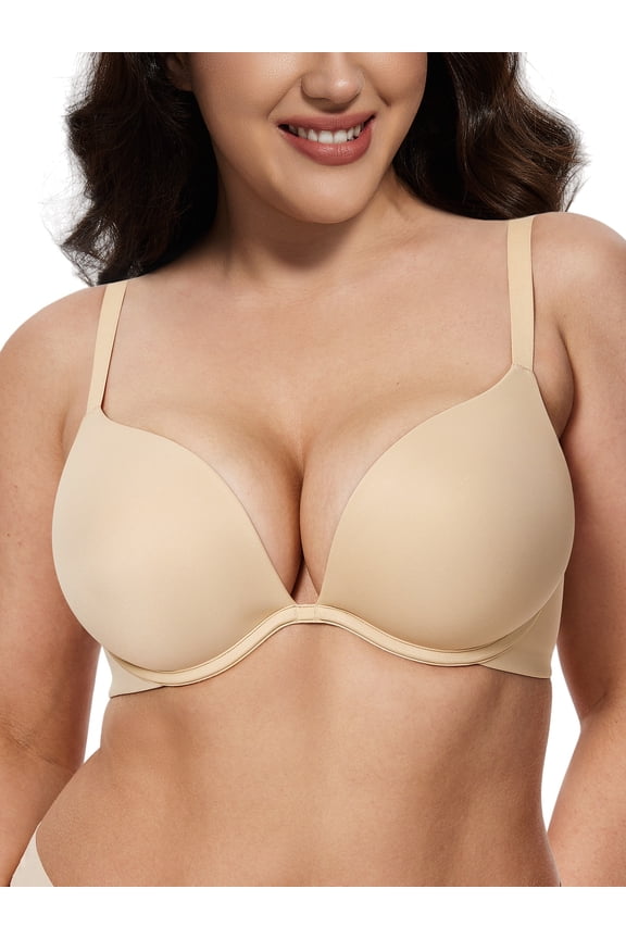 Push-up Bra for Women Deep V Neck Plunge T-Shirt Bra Everyday Comfort Underwire Seamless Beige Bras Clothes Size 38DD
