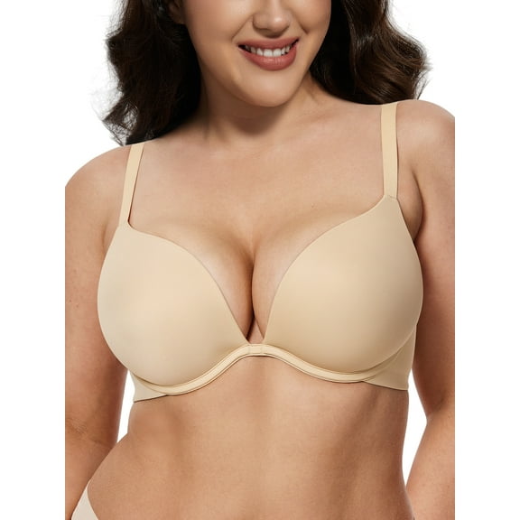 Deyllo Push-up Bra for Women Deep V Neck Plunge T-Shirt Bra Everyday Comfort Underwire Seamless Beige Bras Clothes Size 38D