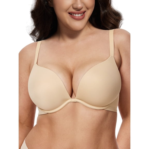 Deyllo Push-up Bra for Women Deep V Neck Plunge T-Shirt Bra Everyday Comfort Underwire Seamless Beige Bras Clothes Size 38G