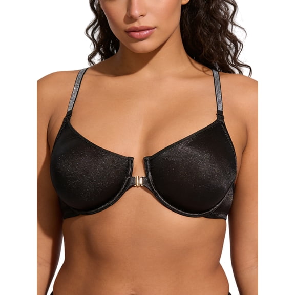 Deyllo Women Front Closure Bras Lace Push Up Bras Plunge Underwire No Padded Comfort Lightweight Black Bra for Everyday Wear Clothes Size 38B