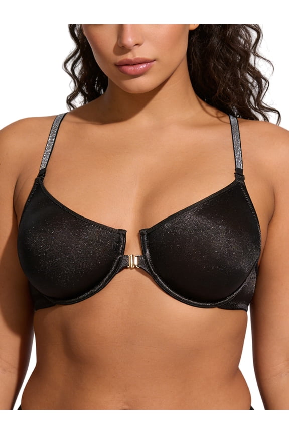 Women Front Closure Bras Lace Push Up Bras Plunge Underwire No Padded Comfort Lightweight Black Bra for Everyday Wear Clothes Size 38DD