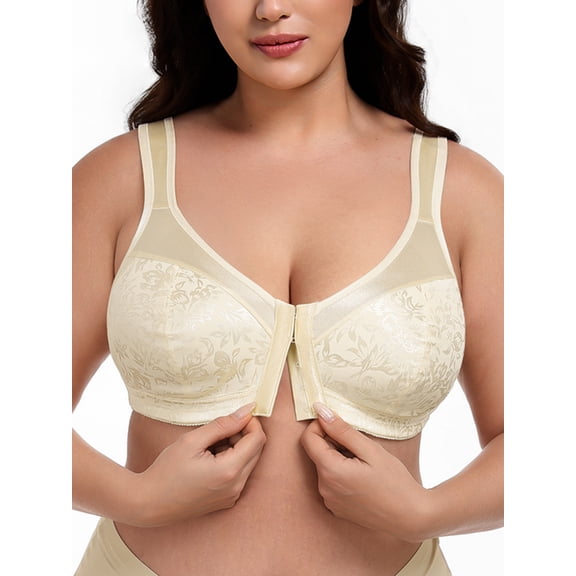 Deyllo Women Front Closure Bras Plus Size Minimizer Bras Full Coverage High Support Wireless Light Beige Bras Clothes Size 42C