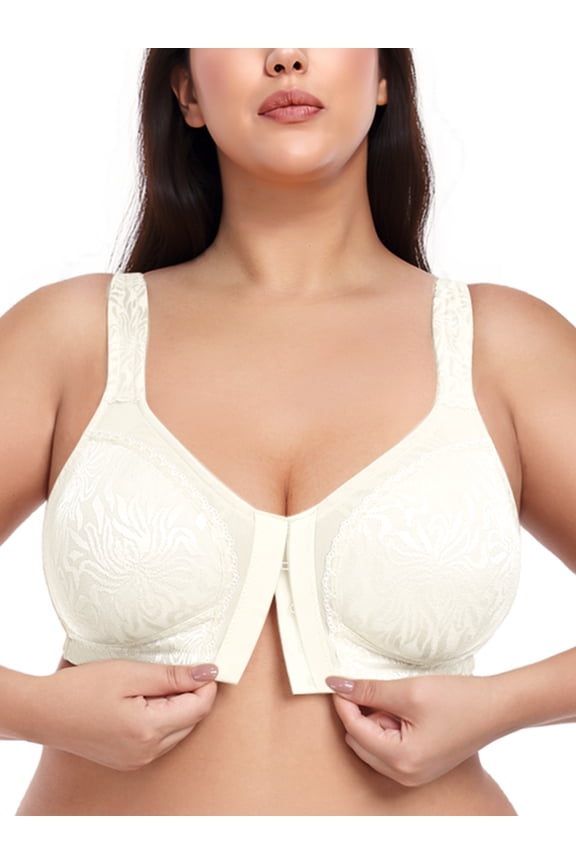 Women Front Closure Full Coverage Bras Plus Size Minimizer Bras Wireless Non Padded Ivory Bras Clothes Size 38DDD