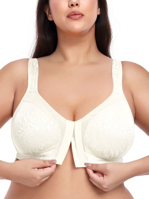 Women Front Closure Full Coverage Bras Plus Size Minimizer Bras Wireless Non Padded Ivory Bras Clothes Size 42DDD