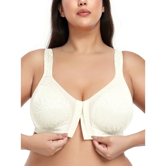 Deyllo Women Front Closure Full Coverage Bras Plus Size Minimizer Bras Wireless Non Padded Ivory Bras Clothes Size 42DD