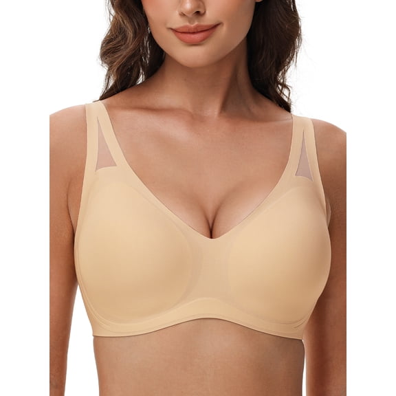 Deyllo Women Full Coverage Minimizer Bras Push Up Unlined Lace Bras Wirefree Non Padded Comfort Dark Beige Bra 2XL